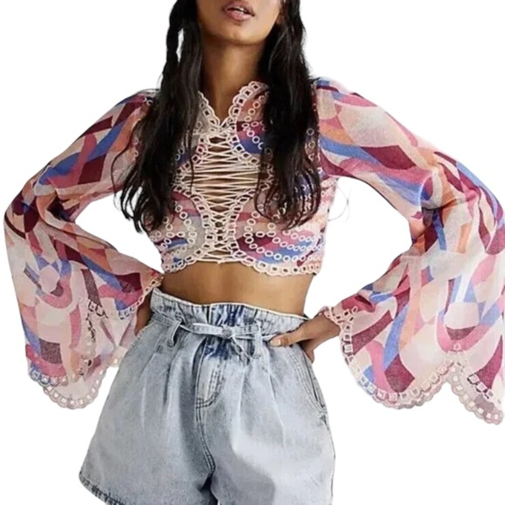 FREE PEOPLE Eyes on You Bell Sleeve Eyelet Mesh Crop Top
